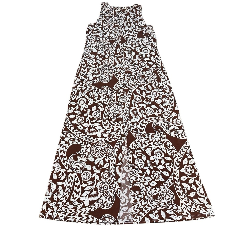 MSK Brown Paisley Floral Sleeveless Maxi Dress Front Slit Womens Size M 3236938T